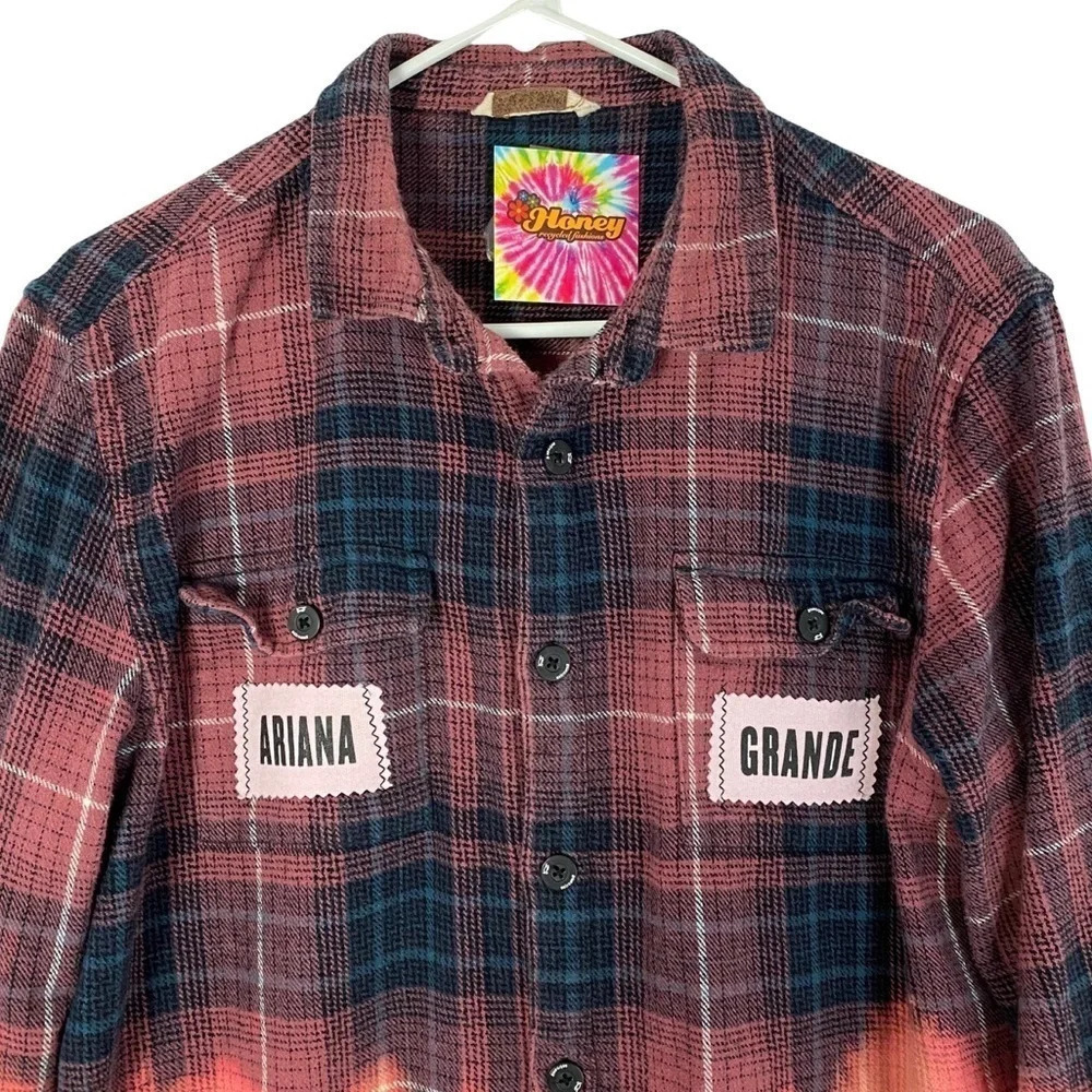 Ariana Grande Plaid Flannel Shirt Womens Size Medium Large Pink Ombre Bleached - Picture 3 of 15